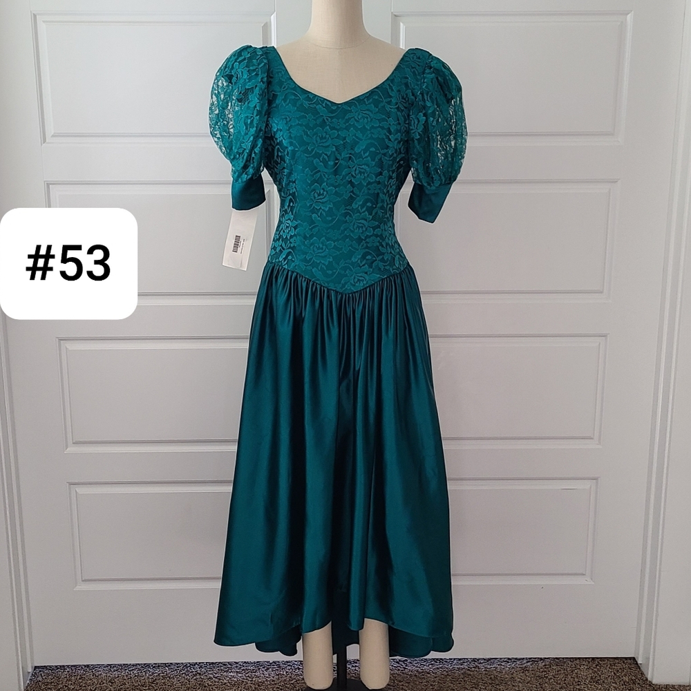 Teal Satin Lace Vintage 80's Prom Dress
